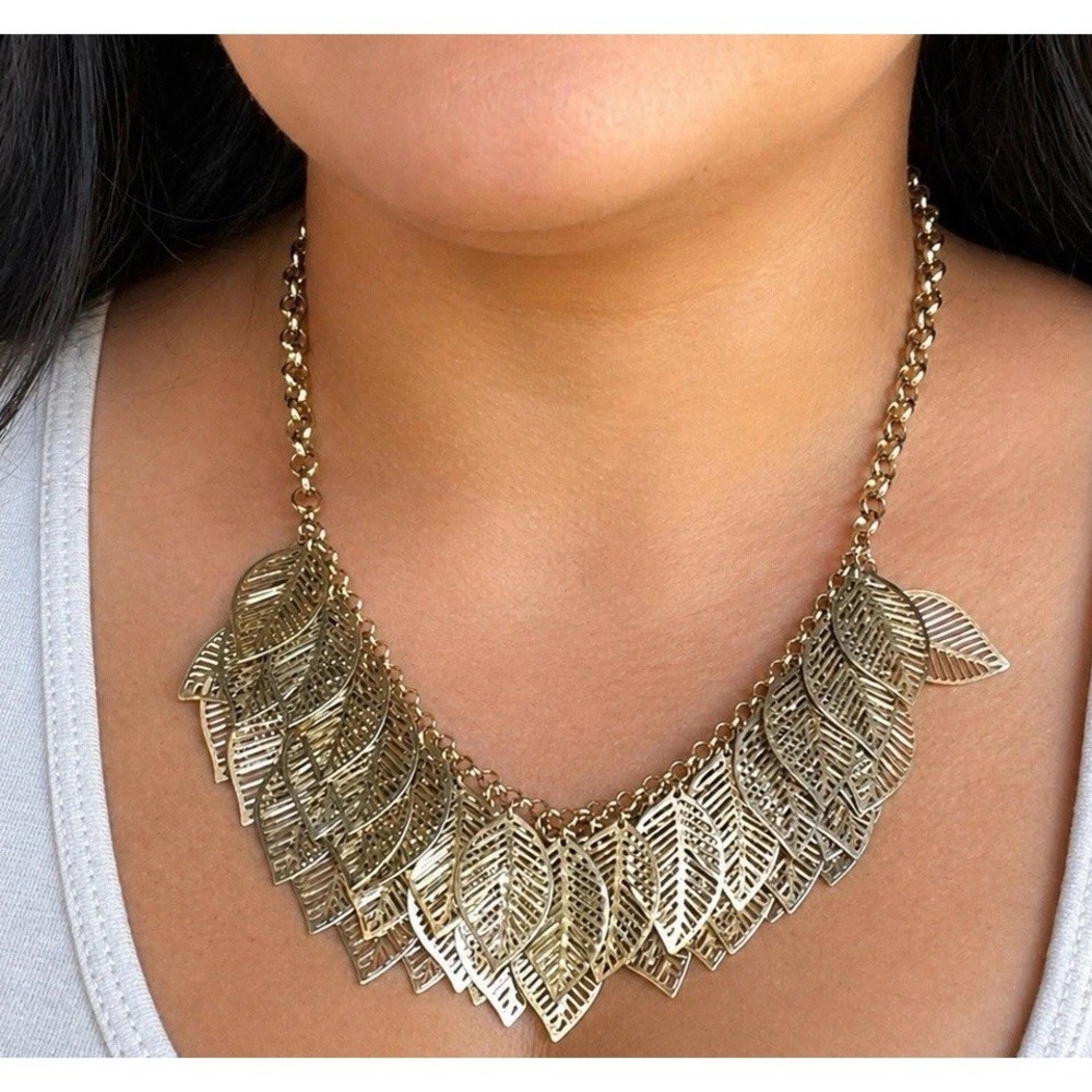 Gold Tone Leaf Bib Statement‎ Necklace Adjustable Oval Link Chain Nature Theme